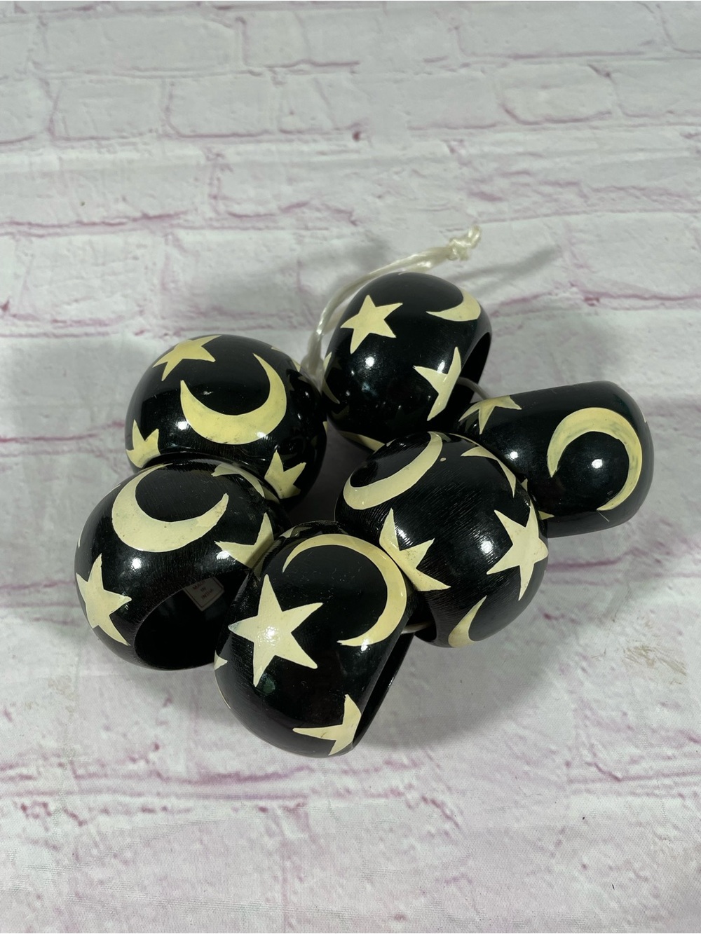 Vintage Hand Painted Black and White Stars Moons Wooden Napkin Rings Set of 6